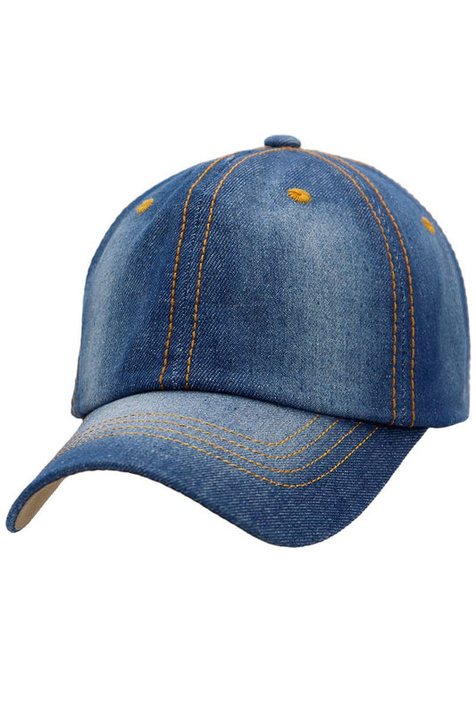 Denim Stitched Twill Cotton Six Panel Baseball Cap: Denim Blue