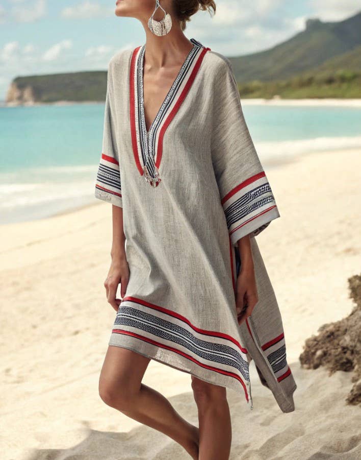 V-Neck Seaside Print Loose Dress, NO-2 / M