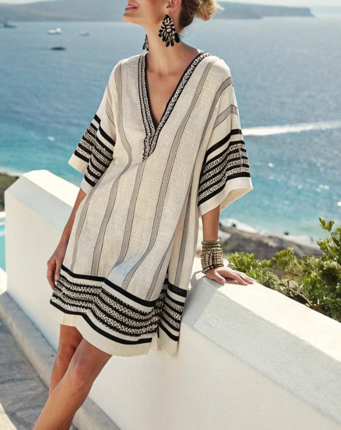 V-Neck Seaside Print Loose Dress, NO-2 / M