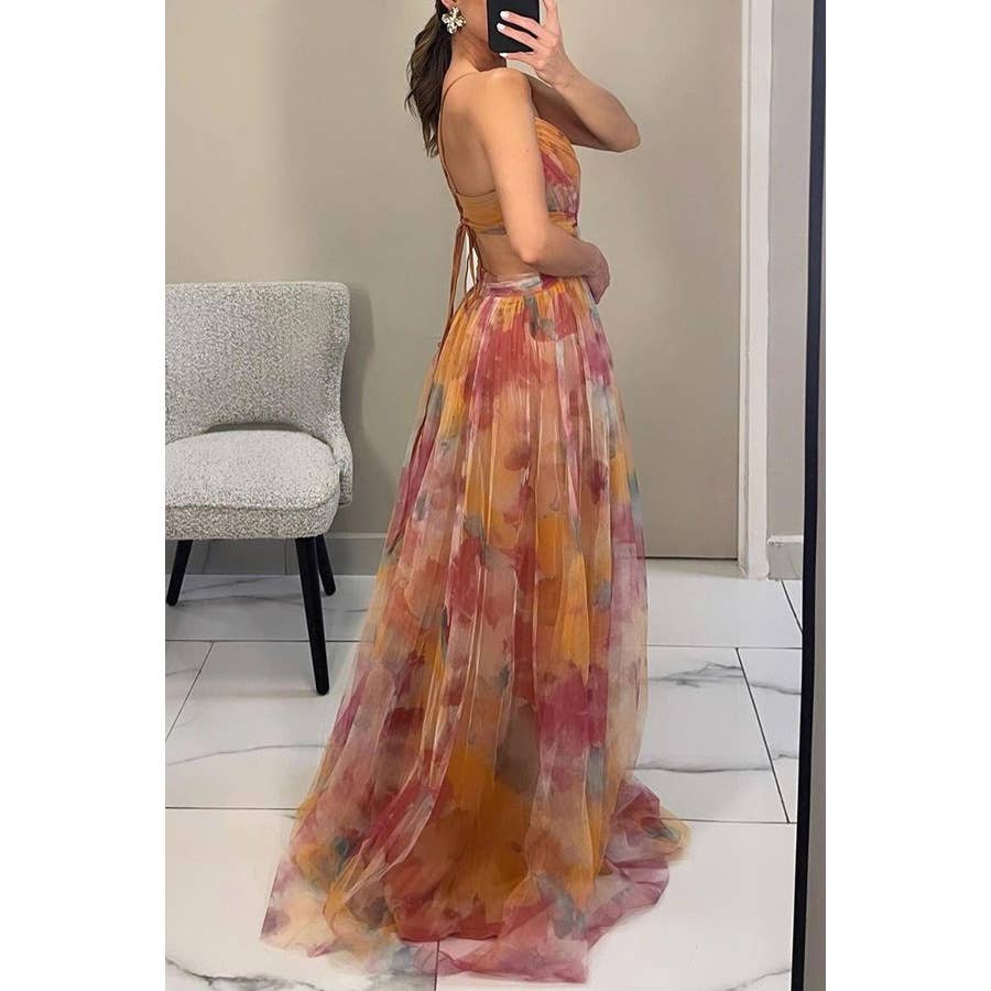 Yellow Mesh-Print Halter Swing Dress