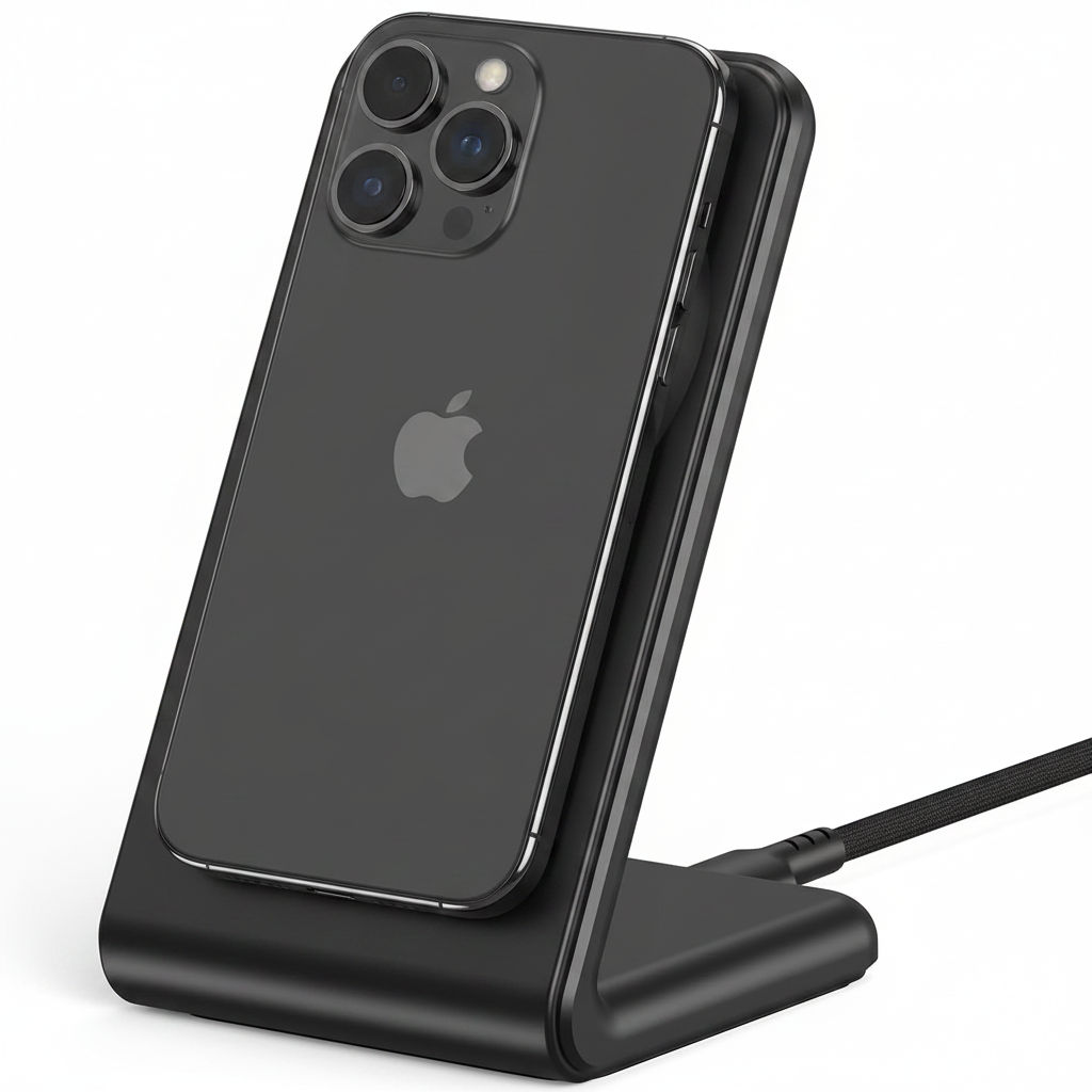 Black MagSafe magnetic wireless charging stand with braided USB-C cable