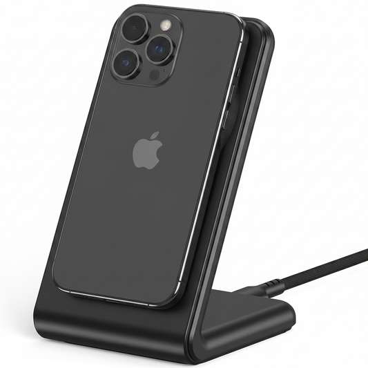 Black MagSafe magnetic wireless charging stand with braided USB-C cable