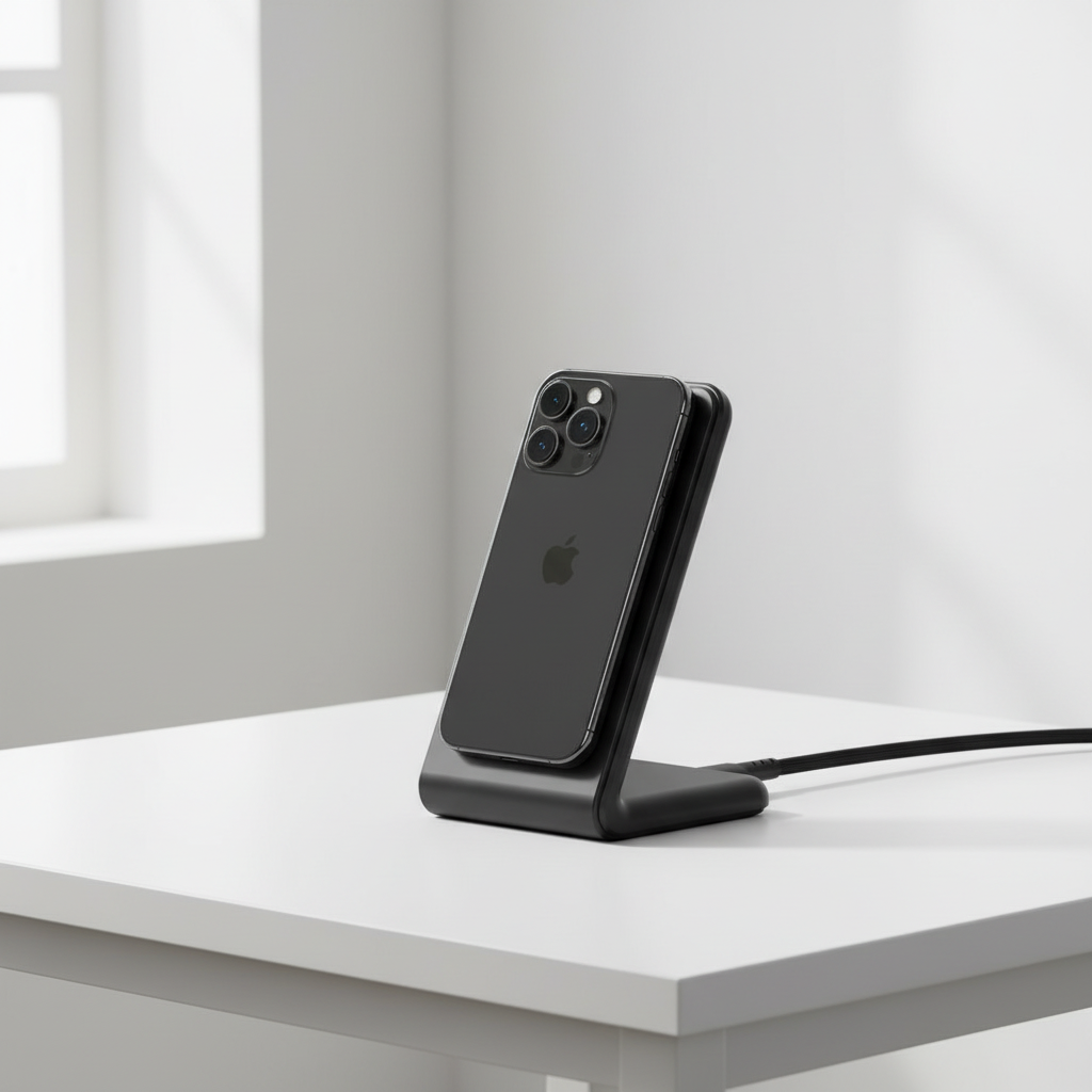 iPhone magnetically attached and charging on black MagSafe wireless charging stand