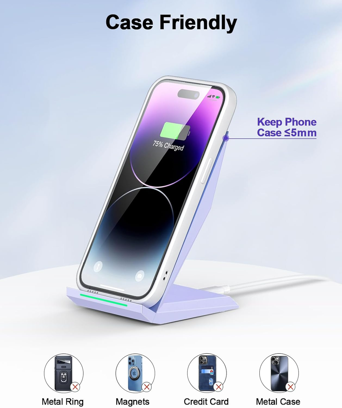 NANAMI Fast Wireless Charger purple - case friendly, works with phone cases up to 5mm
